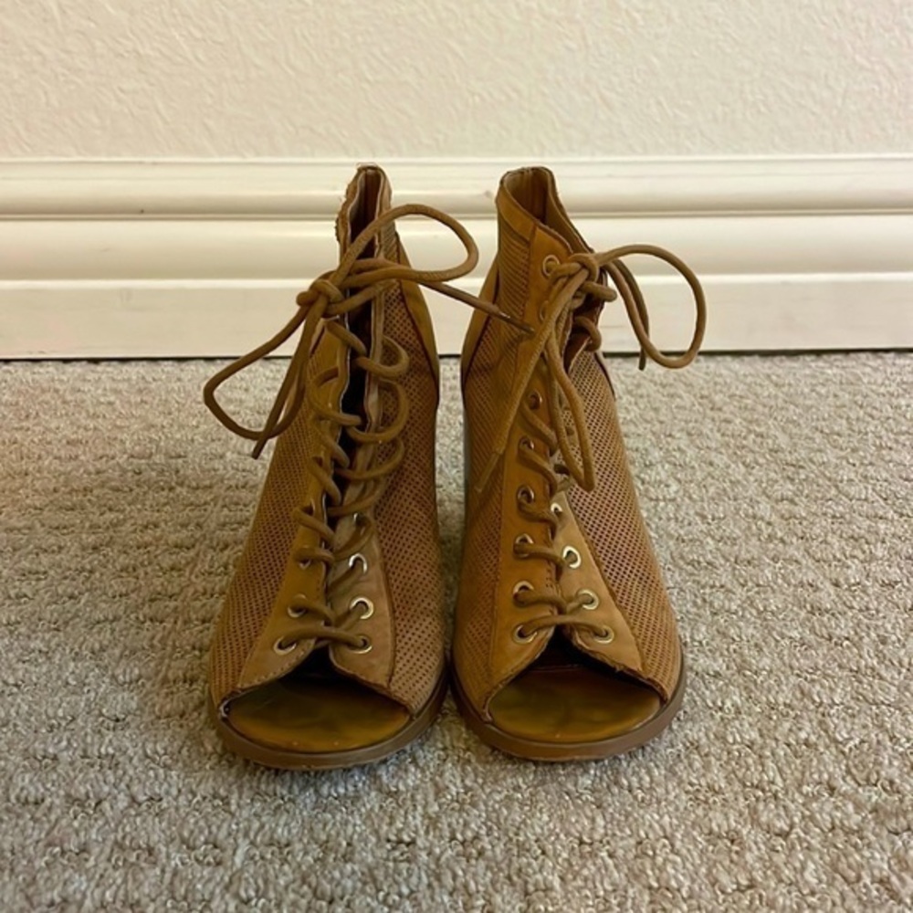ALDO Brown Perforated Leather Tie Up Open Toe Heeled Booties